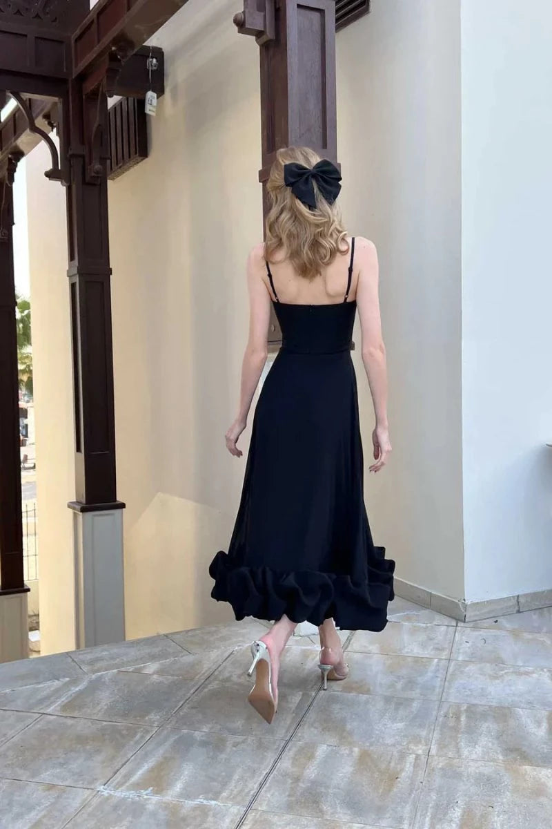 Black A Line Satin Long with Ruffles Tea Length Sccop Neckline Spaghetti Lace up Evening Dresses Evening Dresses Prom Dress