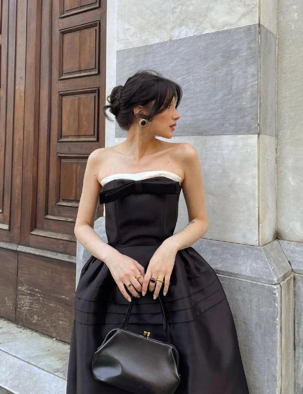 Black A Line Satin with Bow Sleeveless Off-the-shoulder Prom Dress Cocktail Dress Evening Dress Party Dress Homecoming Dress