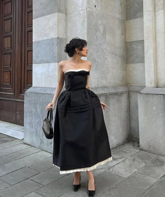 Black A Line Satin with Bow Sleeveless Off-the-shoulder Prom Dress Cocktail Dress Evening Dress Party Dress Homecoming Dress