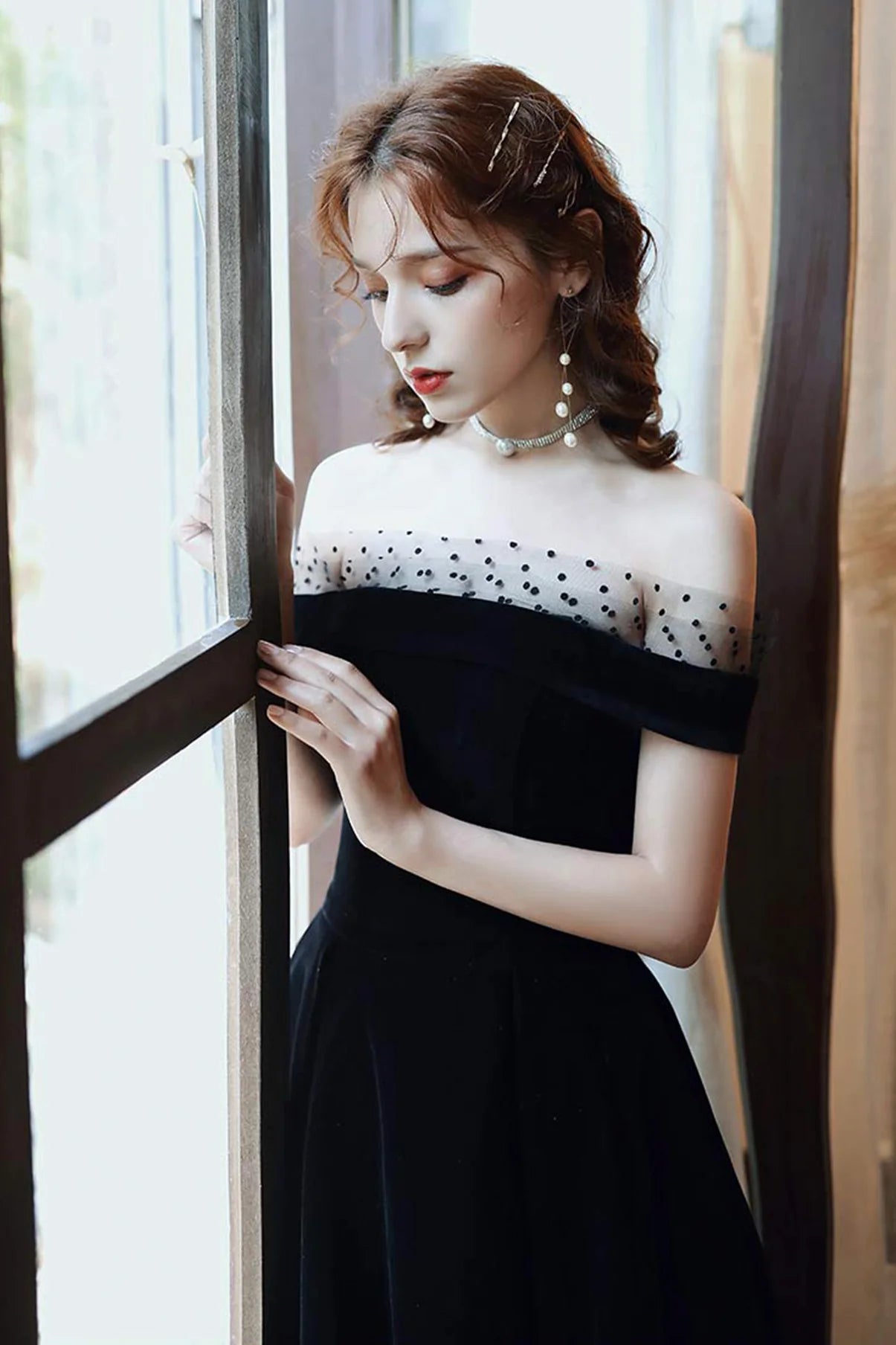 Black Cute Velvet A-Line Tea Length Prom Dresses Party Dresses