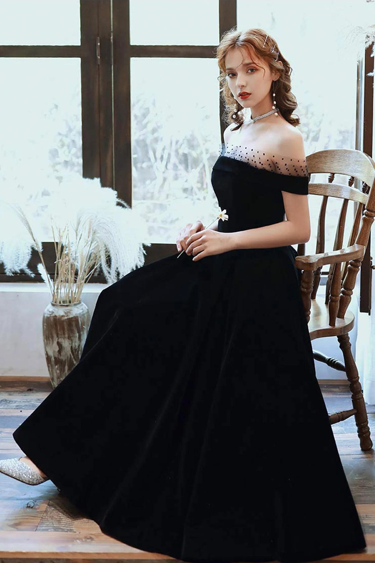 Black Cute Velvet A-Line Tea Length Prom Dresses Party Dresses