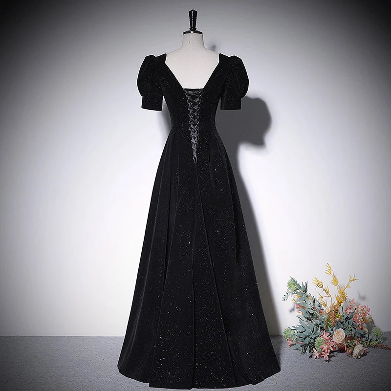 Black New Long Velve Puffy Sleevet Lace Up Evening Dress Party Dresses Homecoming Dresses Prom Dress