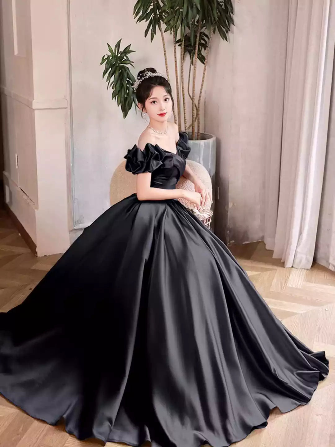 Black Off the Shoulder Black Satin Long A-Line Prom Dress Formal Evening Dress