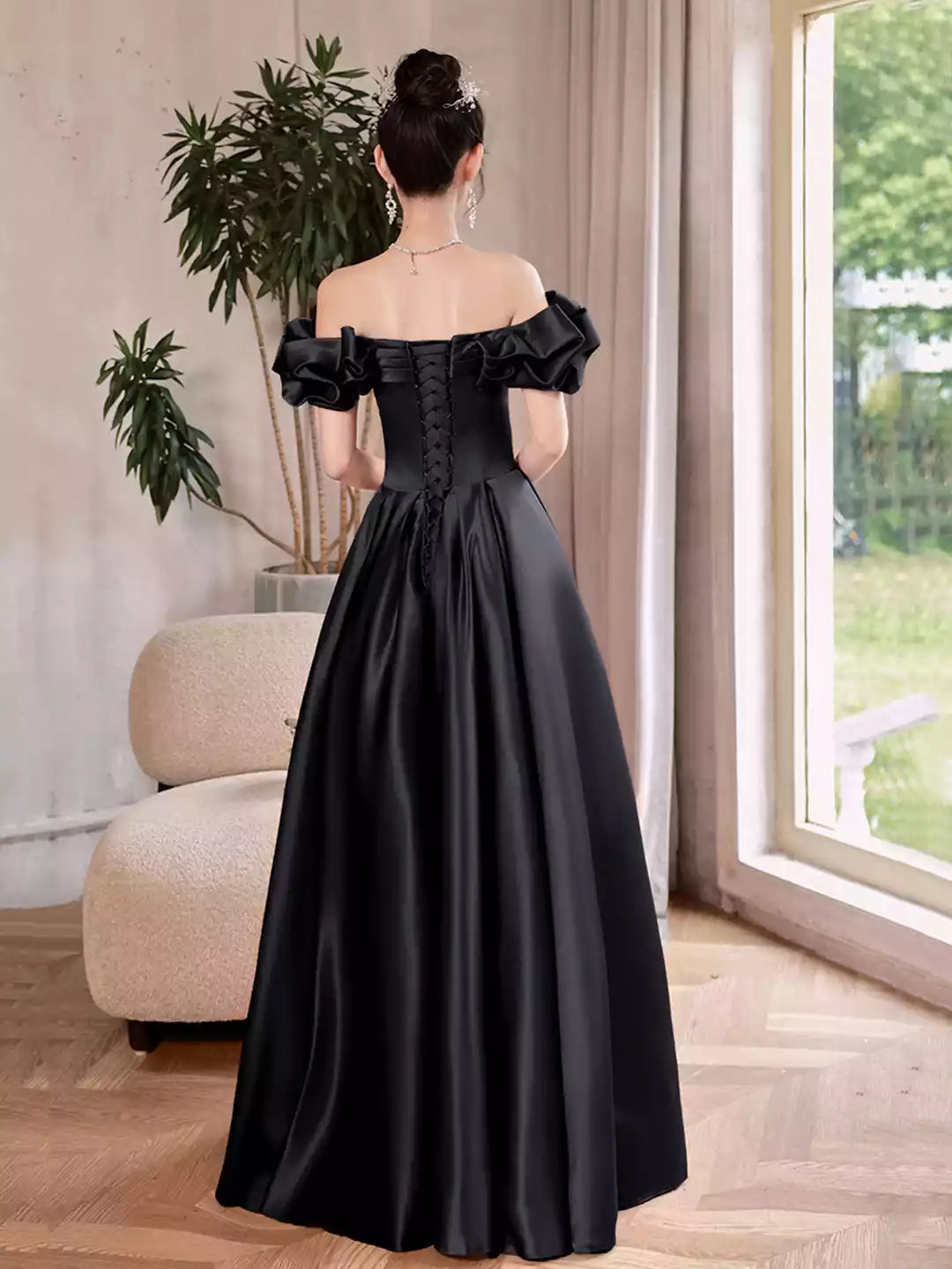 Black Off the Shoulder Black Satin Long A-Line Prom Dress Formal Evening Dress