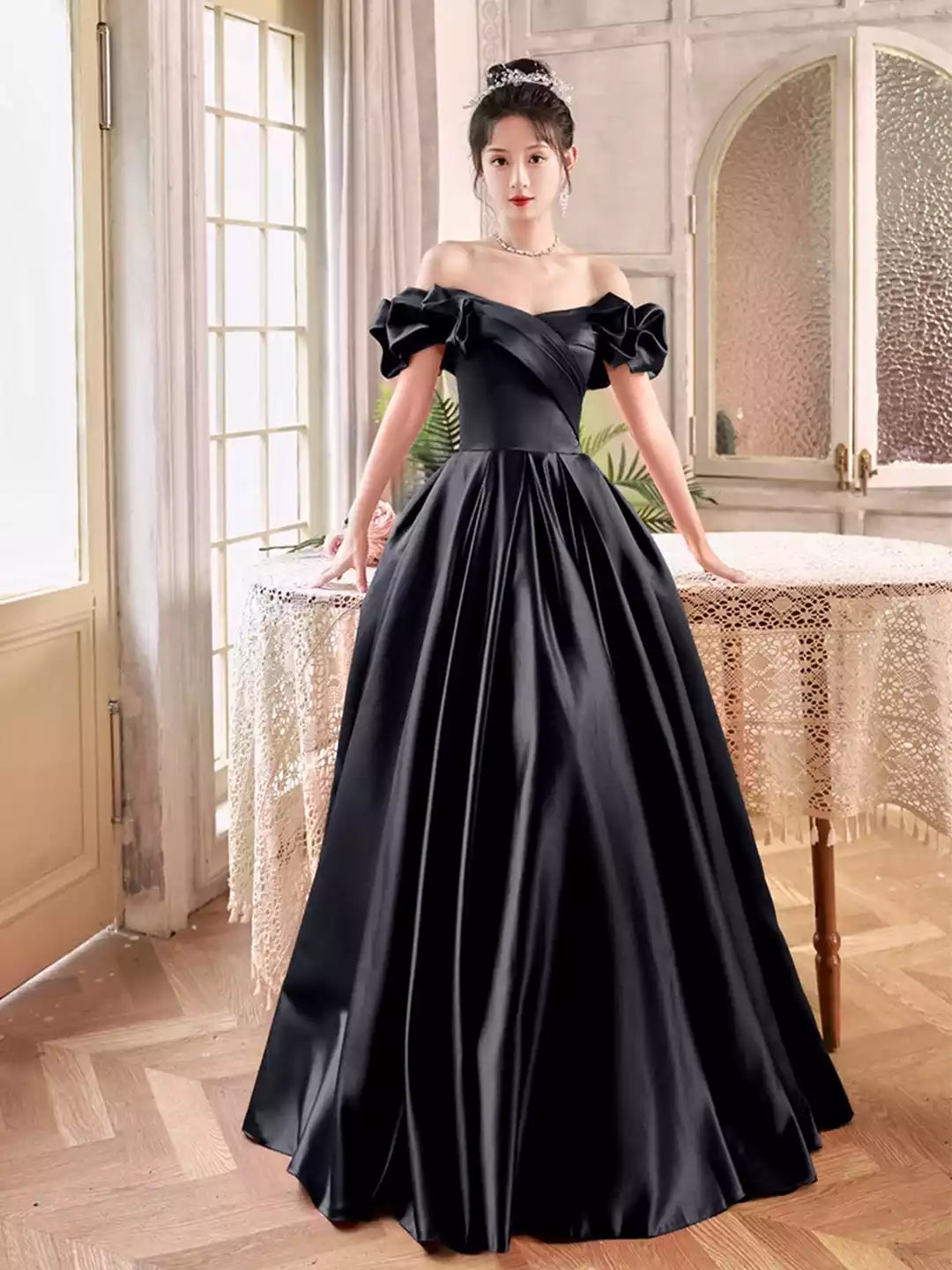 Black Off the Shoulder Black Satin Long A-Line Prom Dress Formal Evening Dress