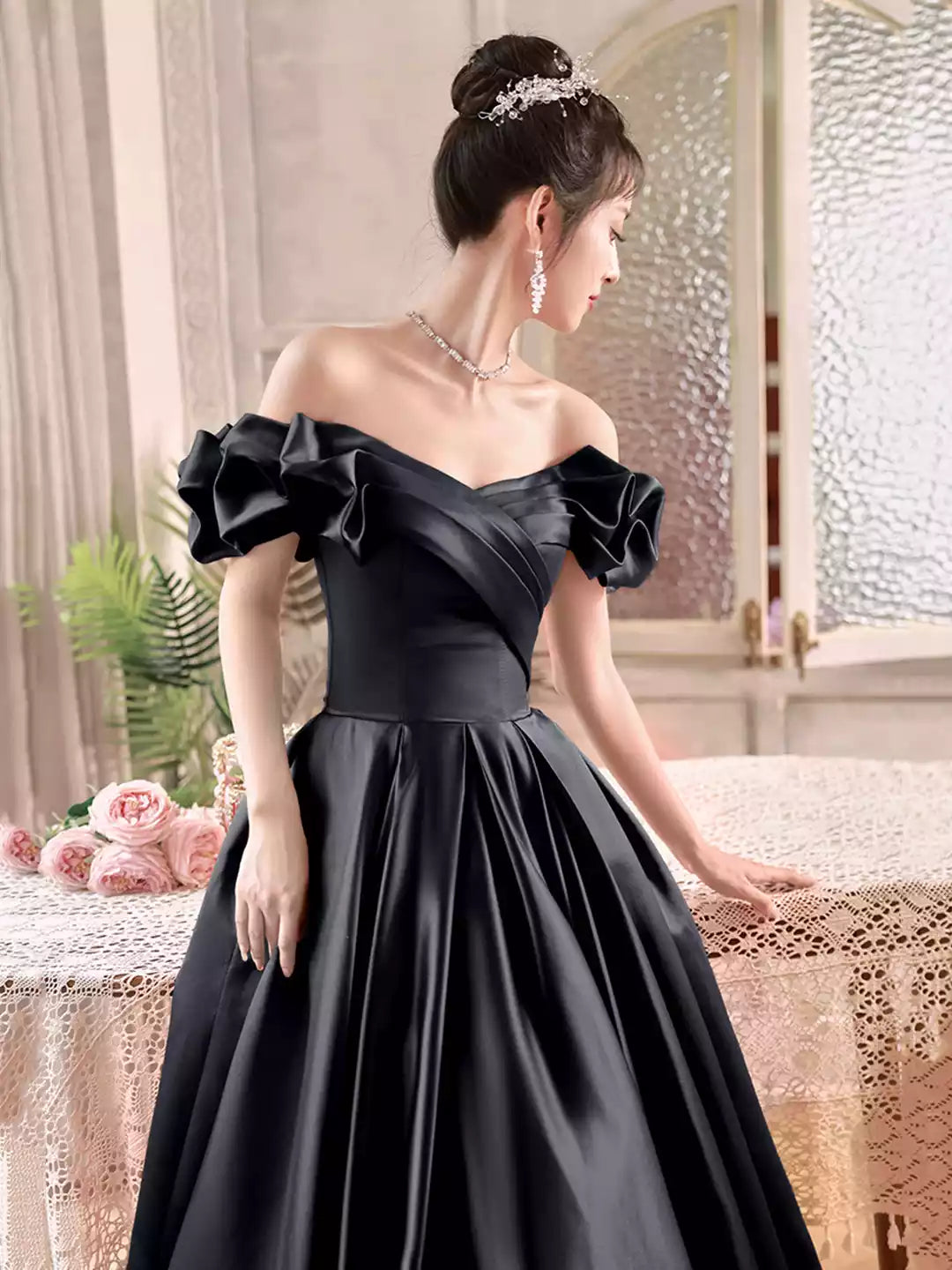 Black Off the Shoulder Black Satin Long A-Line Prom Dress Formal Evening Dress