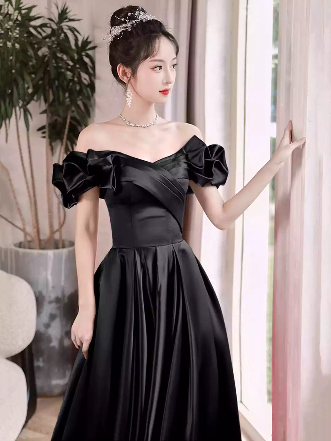 Black Off the Shoulder Black Satin Long A-Line Prom Dress Formal Evening Dress