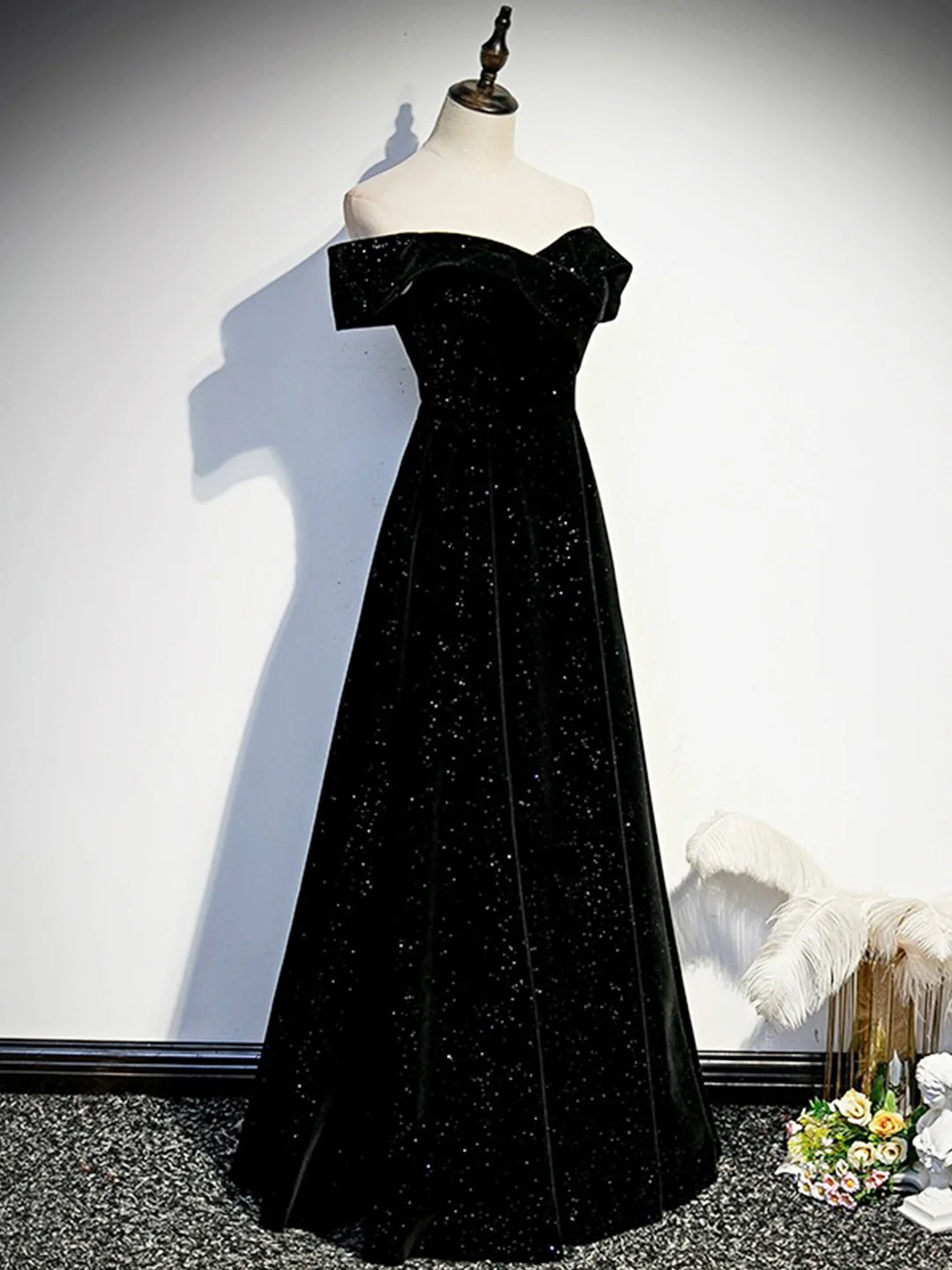 Black Off the Shoulder Black Velvet Long Prom Dress Evening Party Dress