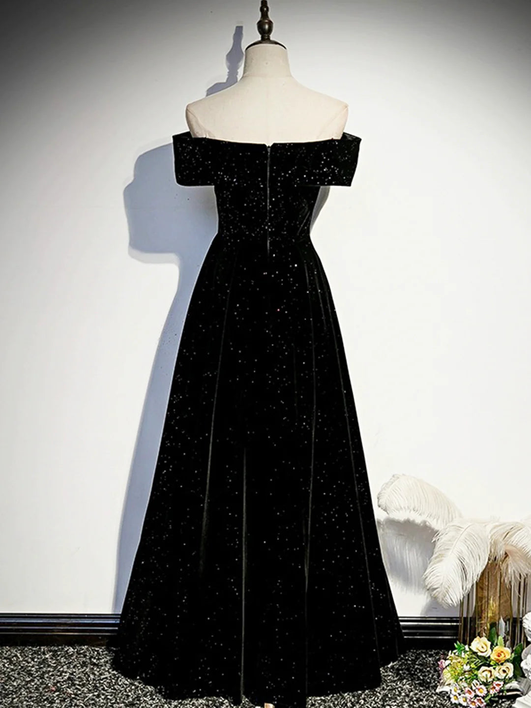 Black Off the Shoulder Black Velvet Long Prom Dress Evening Party Dress