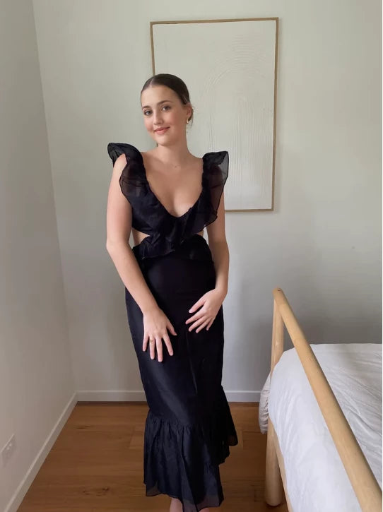 Black Ruffle Straps Backless Elegant Long Prom Dress Party Dress Cocktail Dress Homecoming Dress Evening Dress