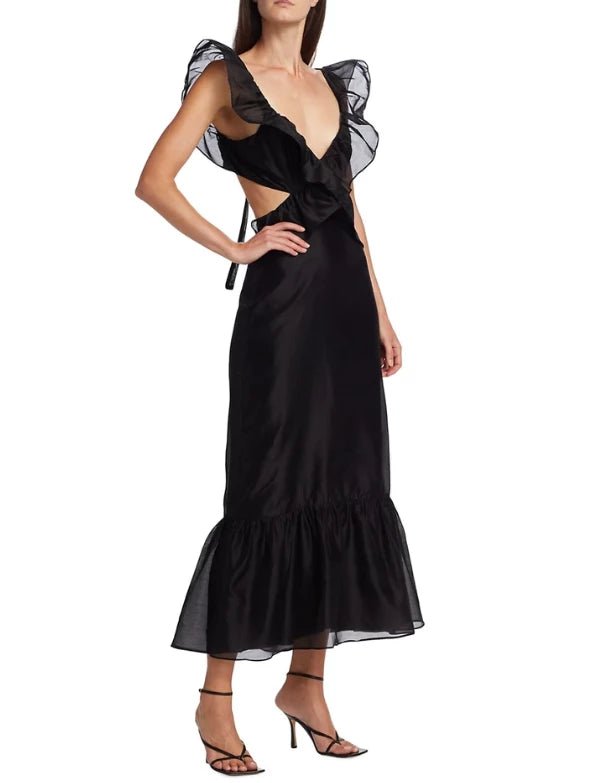 Black Ruffle Straps Backless Elegant Long Prom Dress Party Dress Cocktail Dress Homecoming Dress Evening Dress