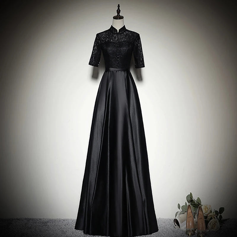 Black Satin Lace  Long Sleeve Floor length Party Dresses Homecoming Dresses Prom Dress