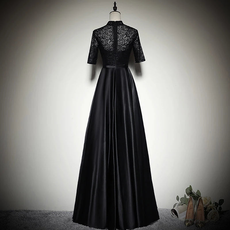 Black Satin Lace  Long Sleeve Floor length Party Dresses Homecoming Dresses Prom Dress