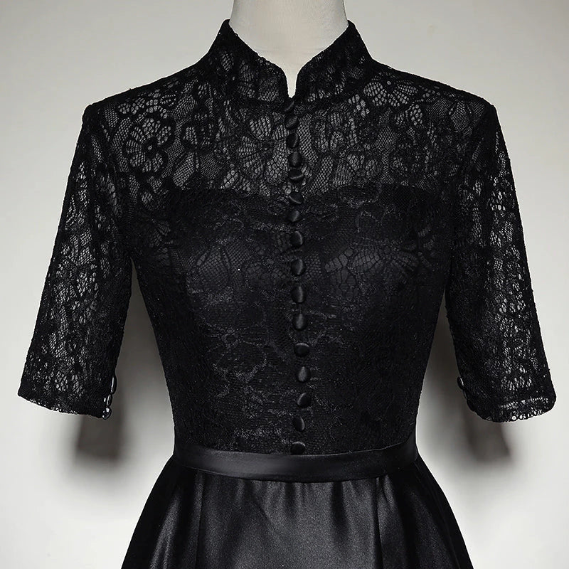 Black Satin Lace  Long Sleeve Floor length Party Dresses Homecoming Dresses Prom Dress