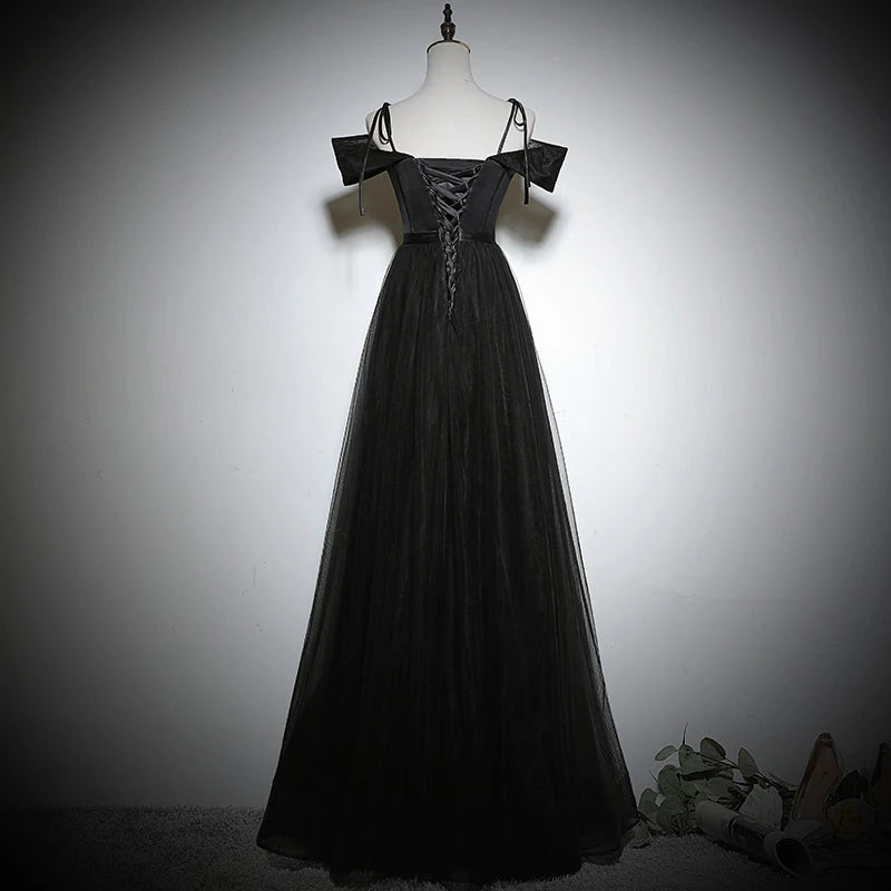 Black Satin Tulle Strapless Sleeveless Floor Length Lace Up Party Dresses Homecoming Dresses Evening Dress Prom Dress