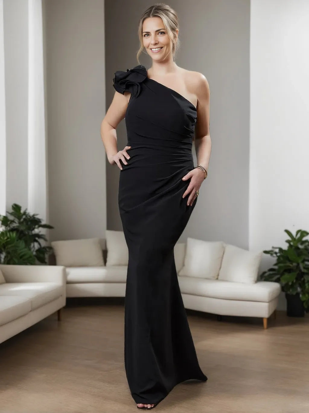 Black Sheath One-Shoulder Sleeveless Floor-Length Plus Size with Ruffles Mother of the Bride Dresses
