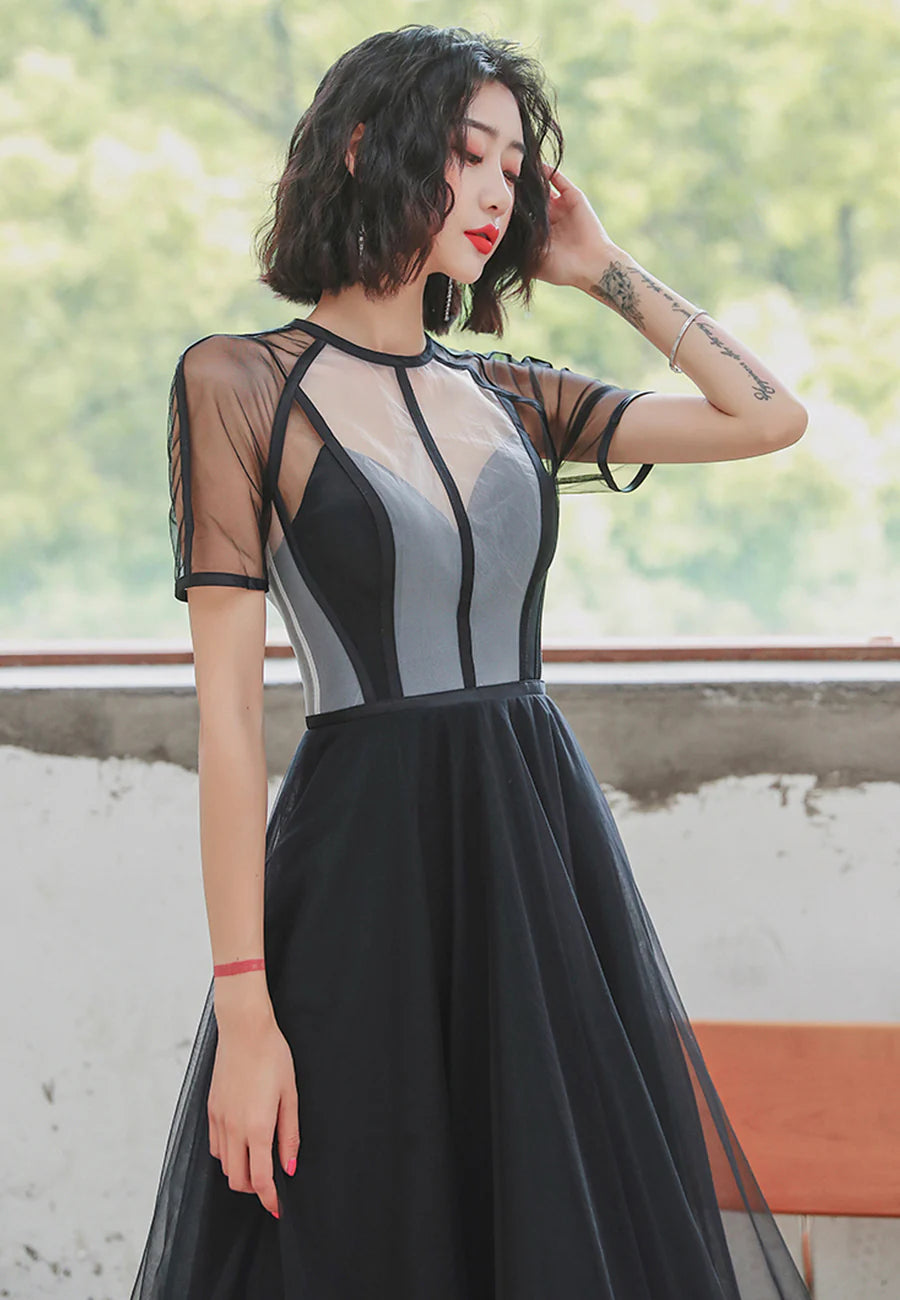 Black Short Sleeve Black Tulle Short A-Line Prom Dress Party Dresses