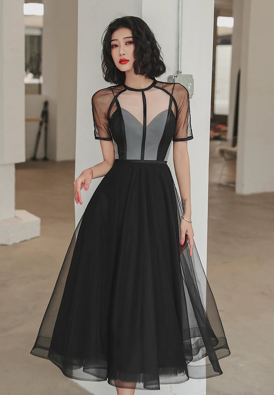 Black Short Sleeve Black Tulle Short A-Line Prom Dress Party Dresses