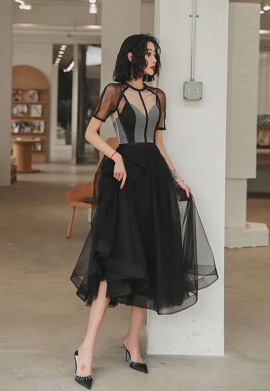 Black Short Sleeve Black Tulle Short A-Line Prom Dress Party Dresses