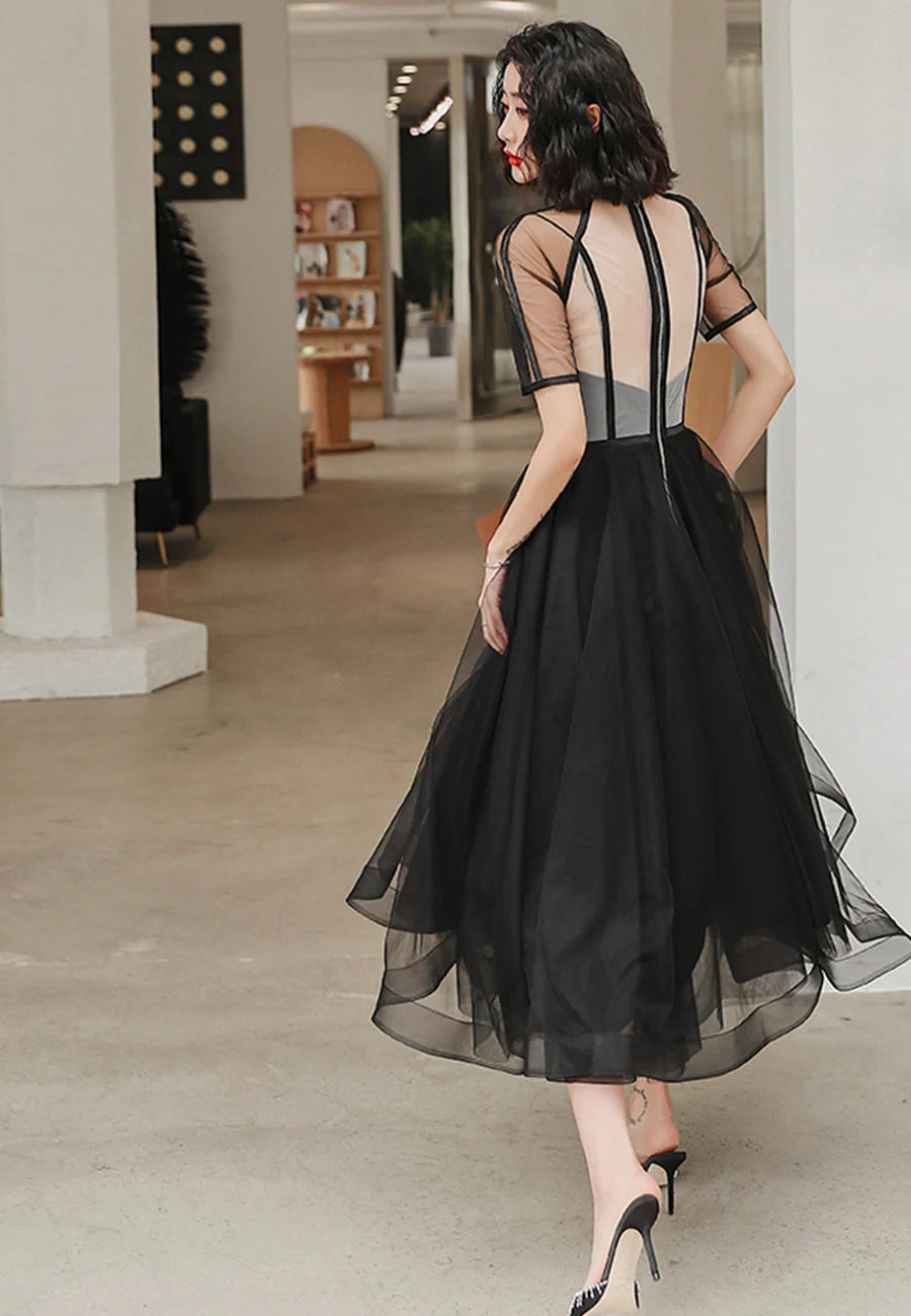 Black Short Sleeve Black Tulle Short A-Line Prom Dress Party Dresses