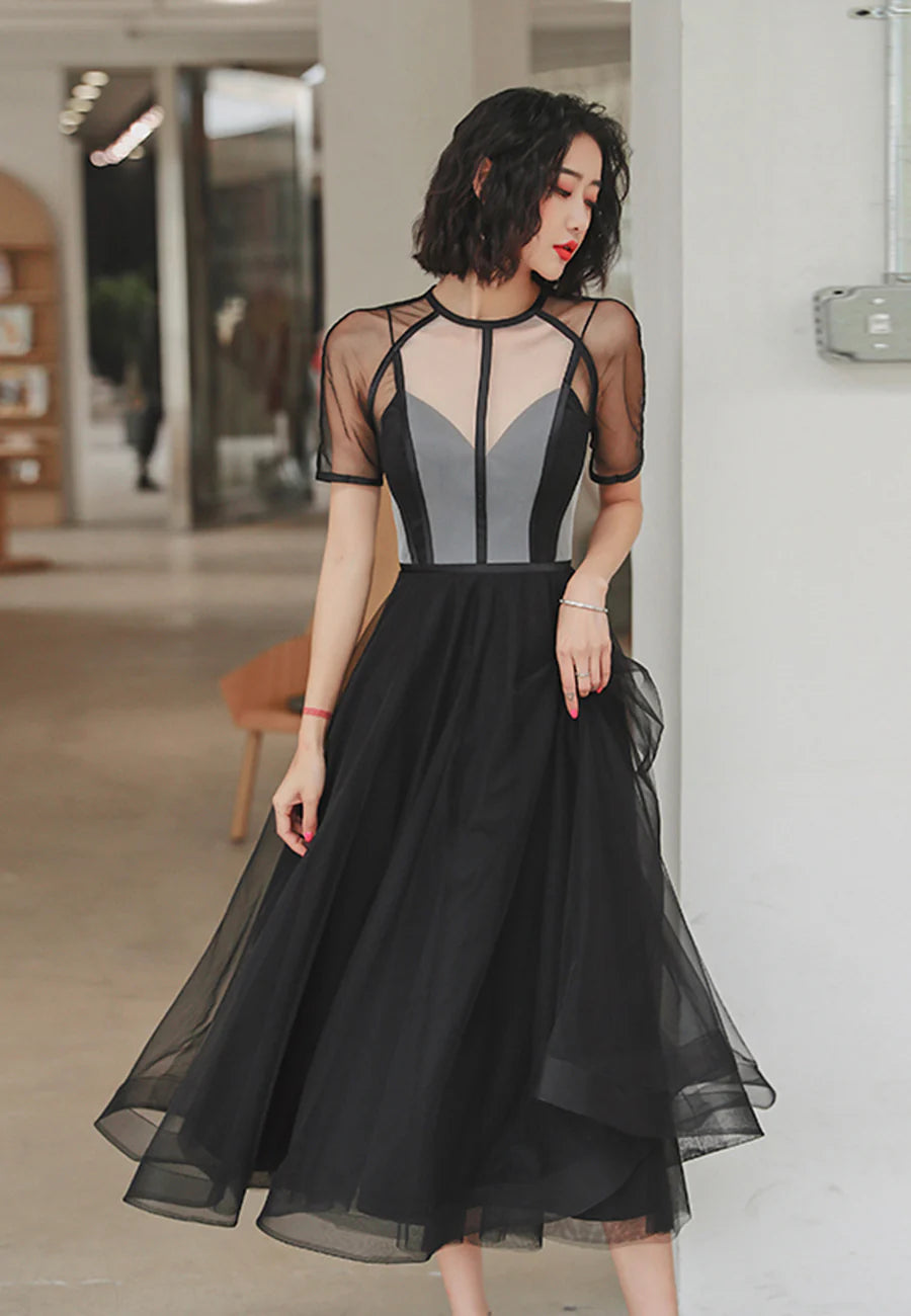 Black Short Sleeve Black Tulle Short A-Line Prom Dress Party Dresses