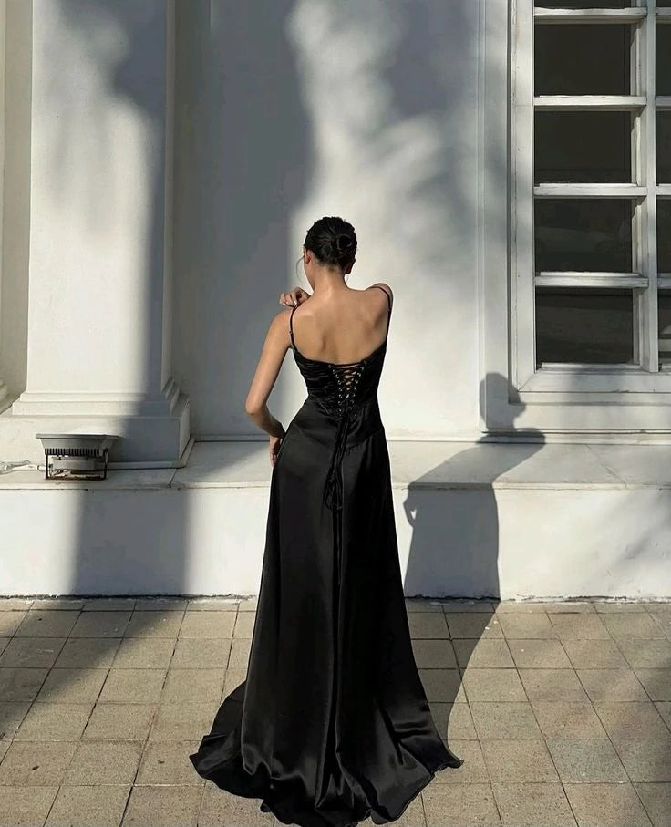 Black Spaghetti Straps A-Line Satin Elegant Floor length Sleeveless Prom Dress Party Dress Cocktail Dress Homecoming Dress Evening Dress