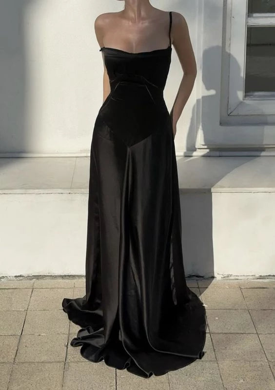 Black Spaghetti Straps A-Line Satin Elegant Floor length Sleeveless Prom Dress Party Dress Cocktail Dress Homecoming Dress Evening Dress