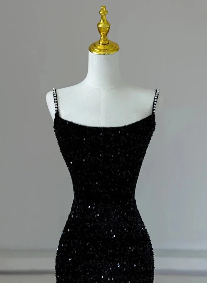 Black Spaghetti Straps Mermaid Sequined Sleeveless Long Prom Dress Party Dress Cocktail Dress Homecoming Dress Evening Dress