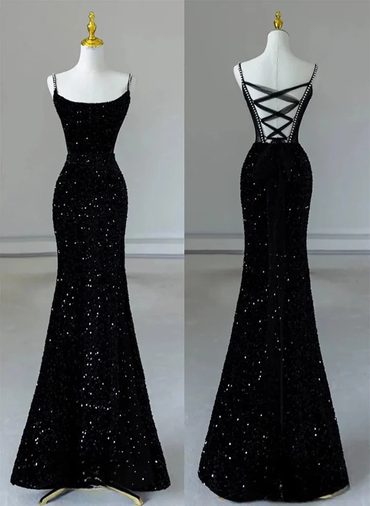 Black Spaghetti Straps Mermaid Sequined Sleeveless Long Prom Dress Party Dress Cocktail Dress Homecoming Dress Evening Dress