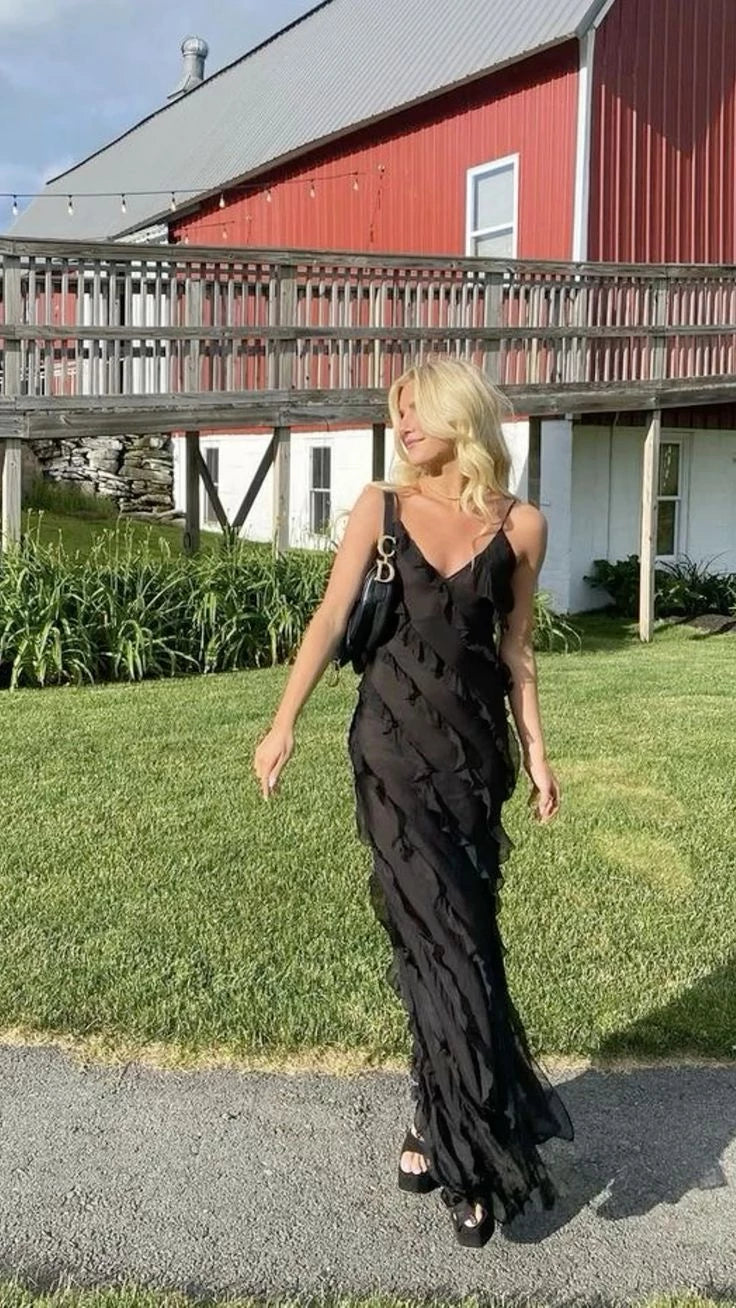 Black Spaghetti Straps Ruffle Mermaid Sleeveless Long Prom Dress Party Dress Cocktail Dress Homecoming Dress Evening Dress