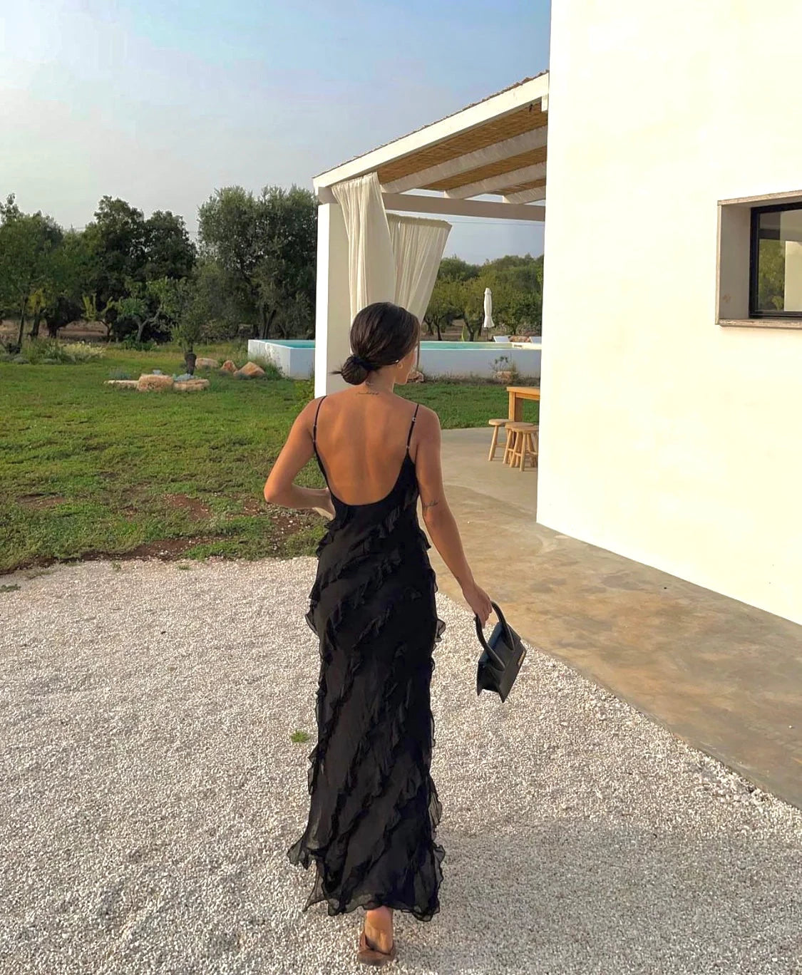 Black Spaghetti Straps Ruffle Mermaid Sleeveless Long Prom Dress Party Dress Cocktail Dress Homecoming Dress Evening Dress