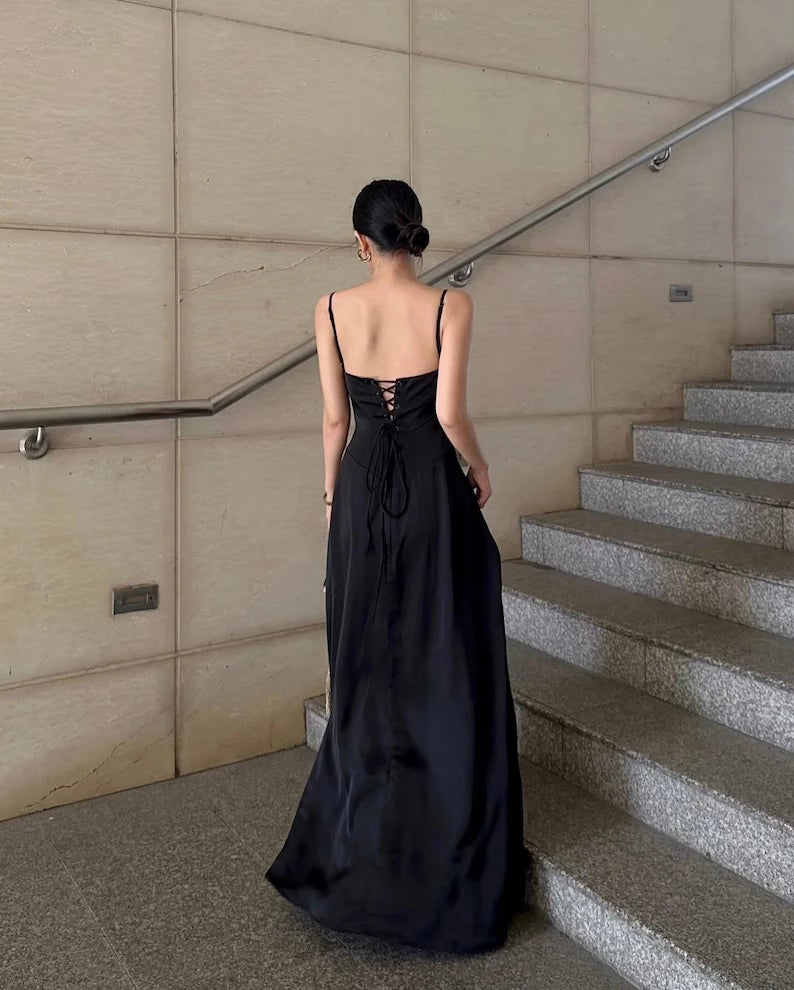 Black Spaghetti Straps Sleeveless A-Line Satin Floor length Prom Dress Party Dress Cocktail Dress Homecoming Dress Evening Dress