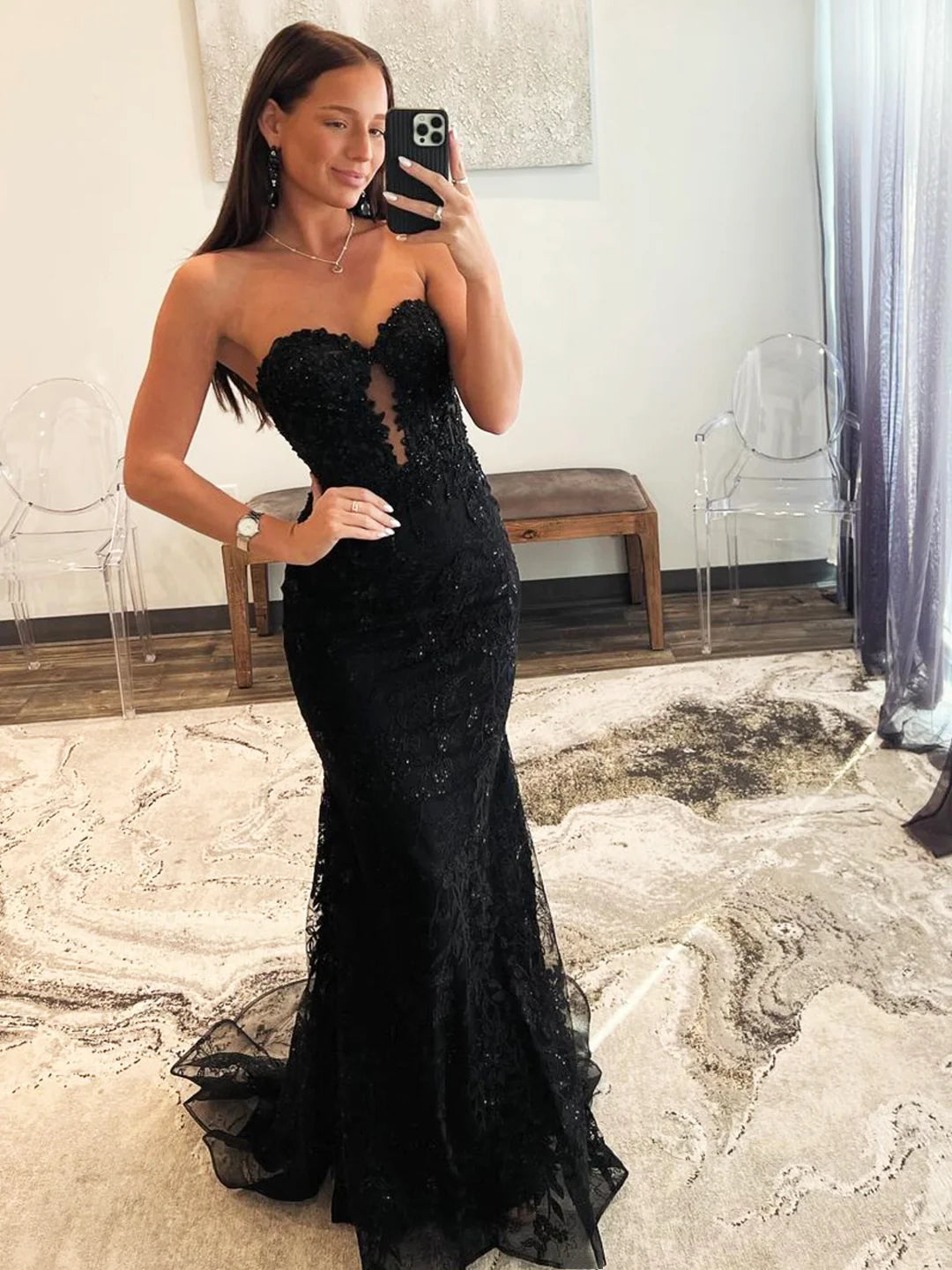 Black Strapless Black Mermaid Sweetheart Lace Long Prom Dress Evening Party Dress