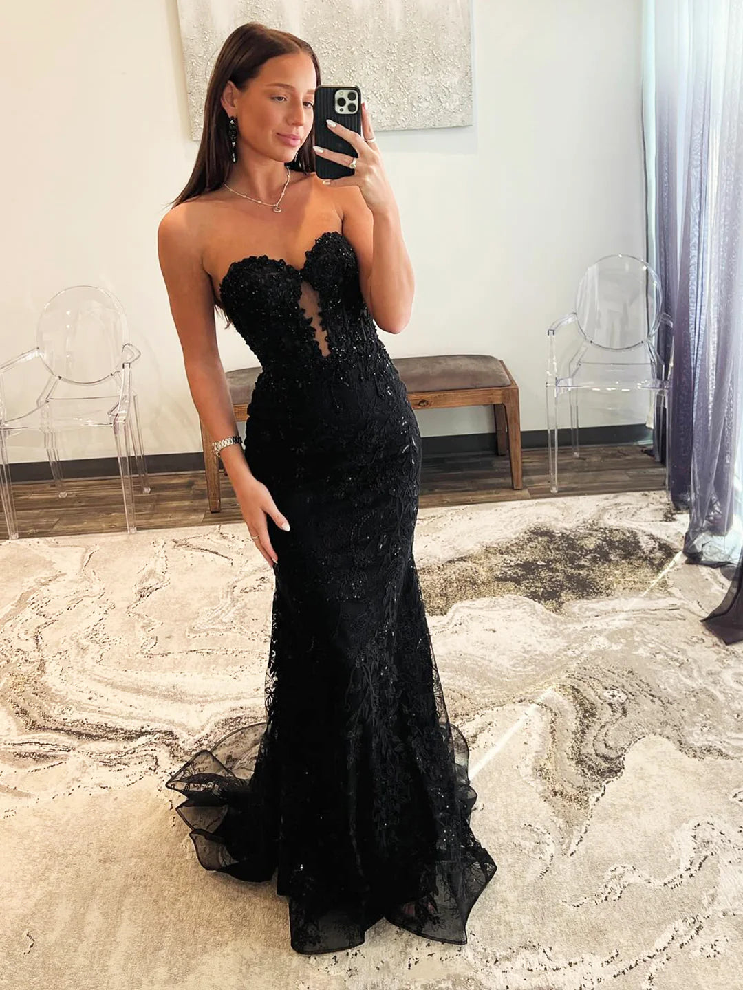 Black Strapless Black Mermaid Sweetheart Lace Long Prom Dress Evening Party Dress