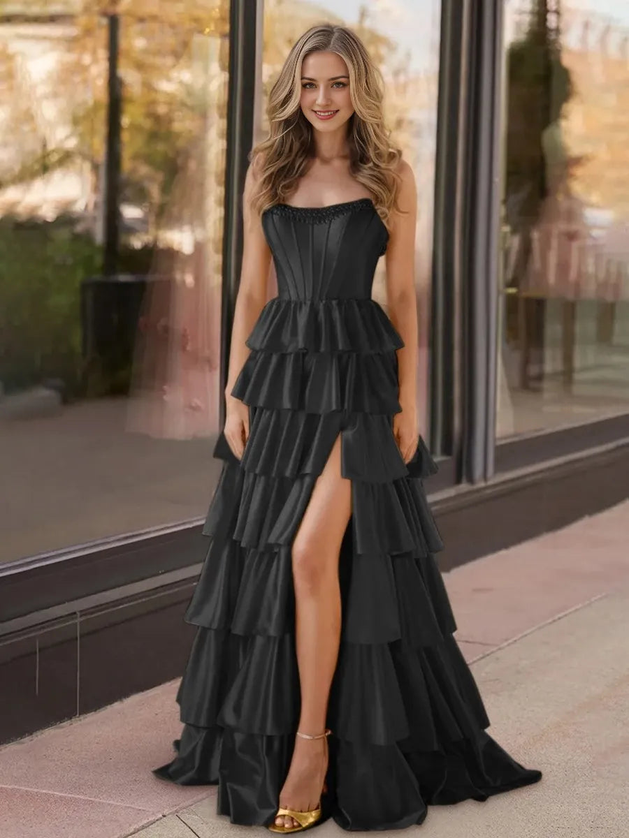 Black Strapless Satin Ruffle Sleeveless Tiered Beaded A Line Floor Length  Lace Up Back Party Dresses Homecoming Dress Prom Dress