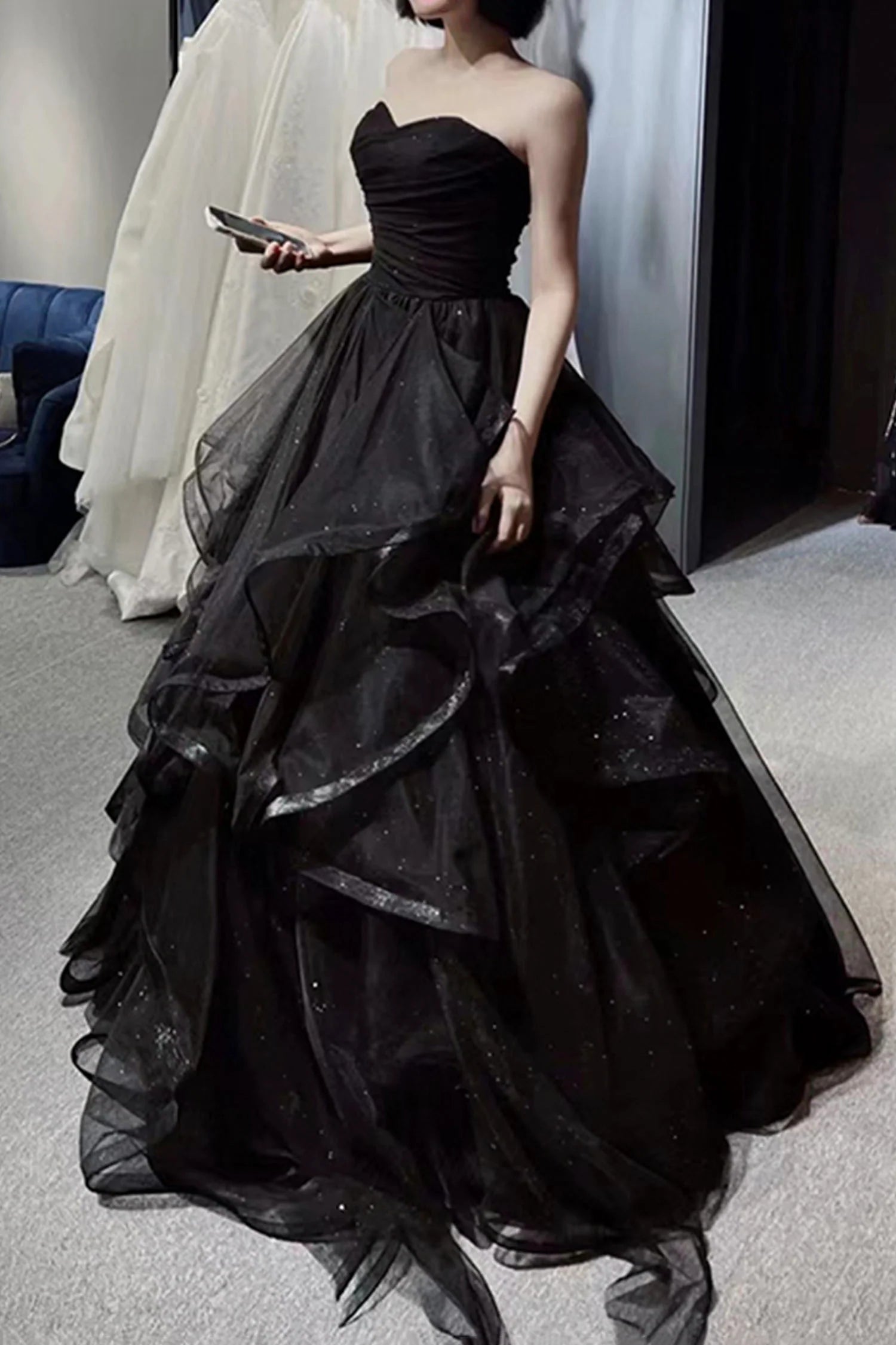 Black Tulle Floor Length Long A-Line Prom Dress Black Evening Party Dress