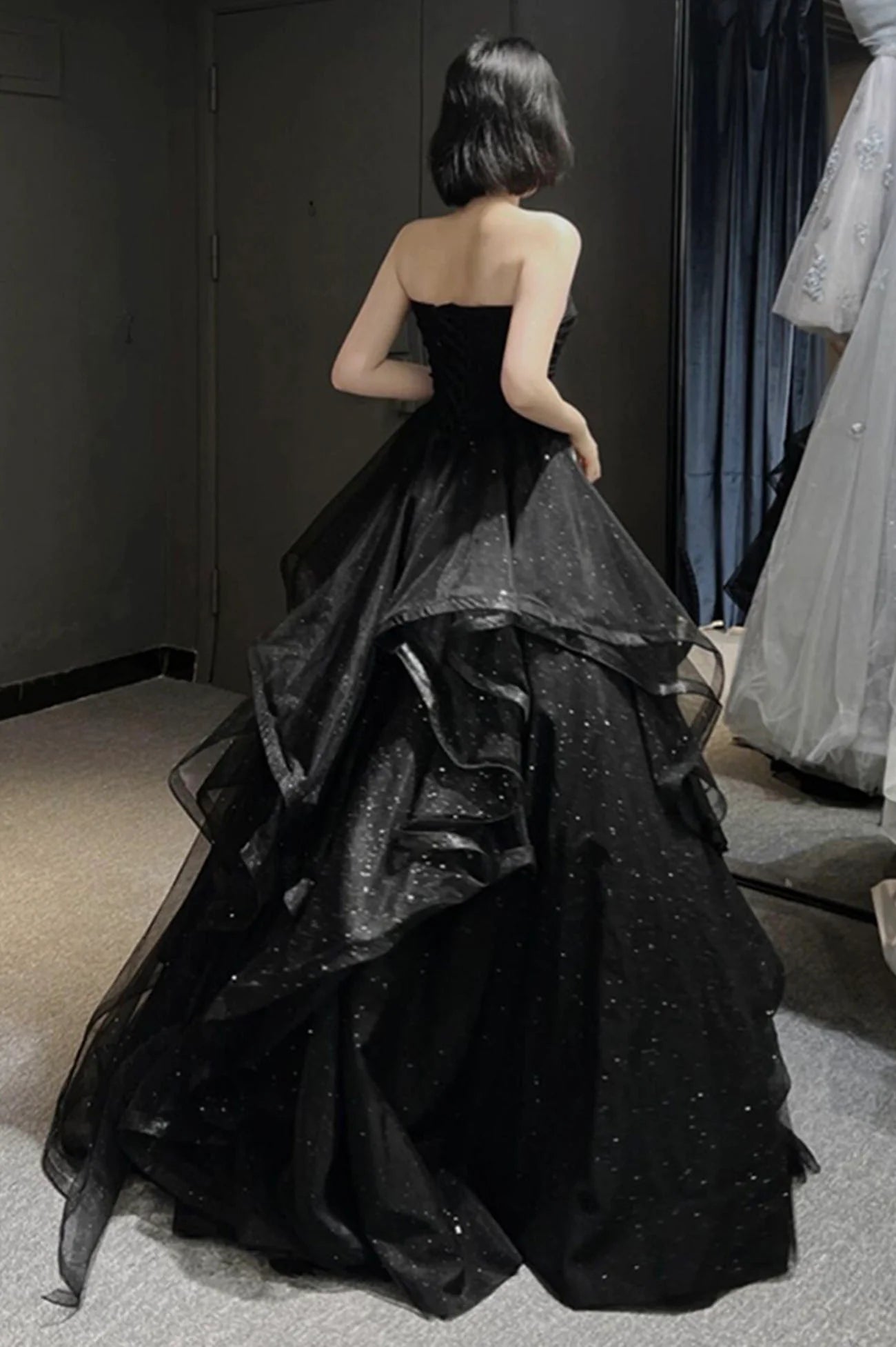 Black Tulle Floor Length Long A-Line Prom Dress Black Evening Party Dress