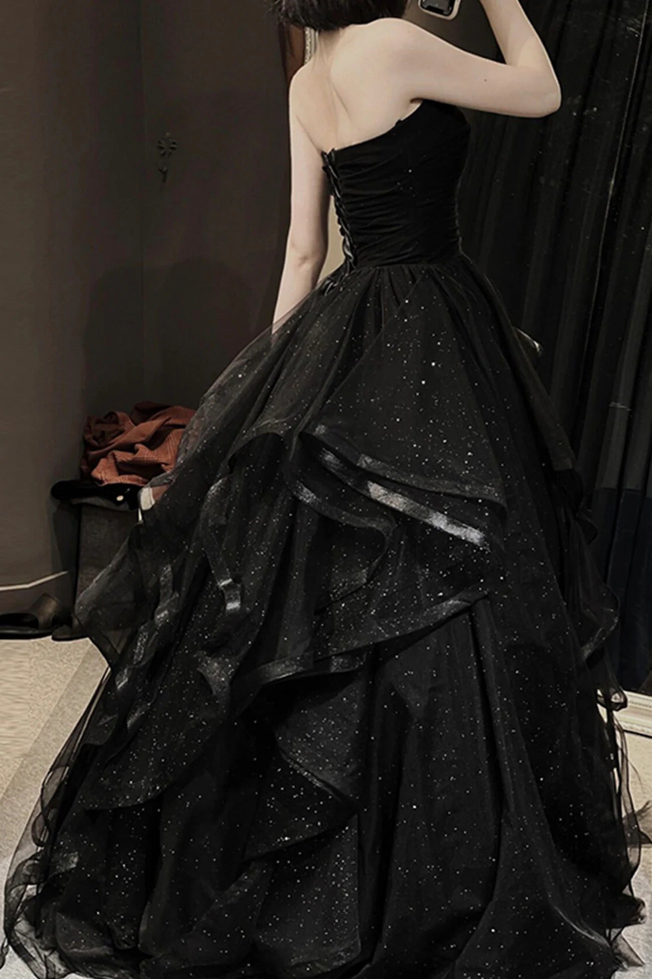 Black Tulle Floor Length Long A-Line Prom Dress Black Evening Party Dress