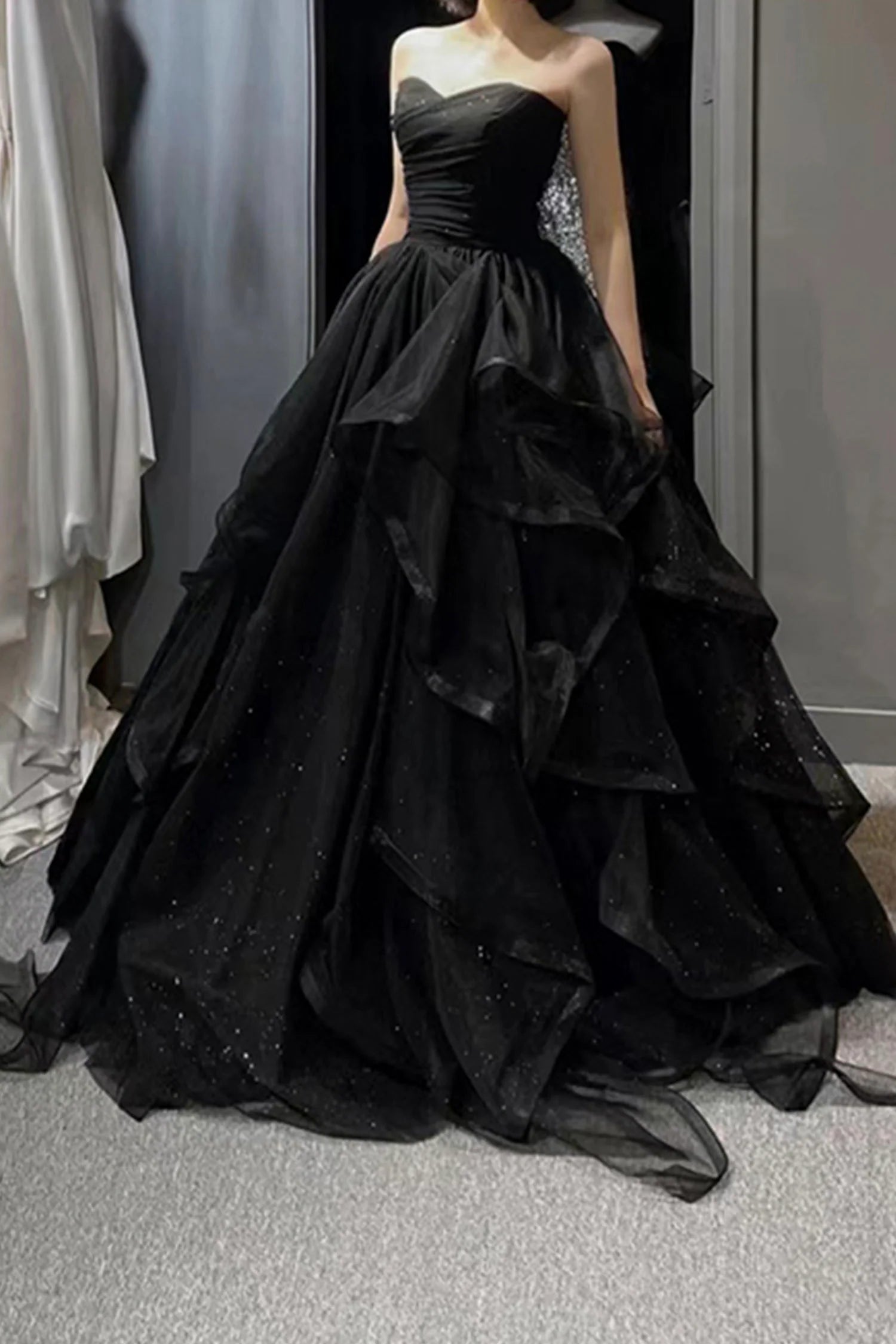 Black Tulle Floor Length Long A-Line Prom Dress Black Evening Party Dress