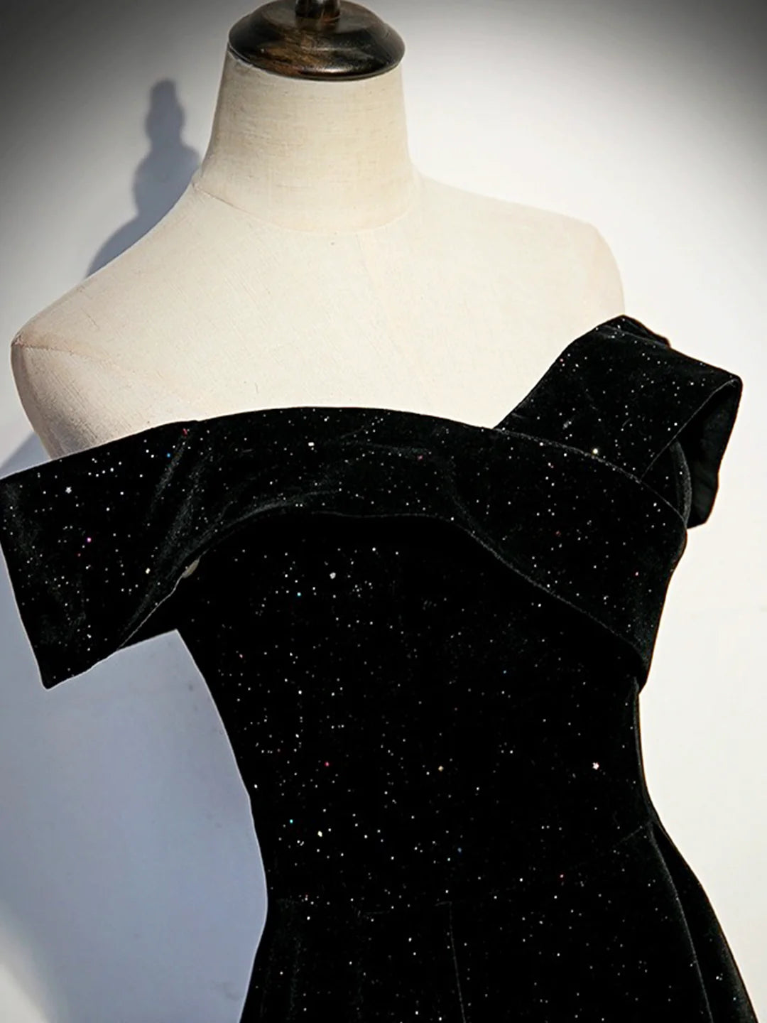 Black Velvet Long Prom Dress Black Off the Shoulder Floor length Evening Party Dress