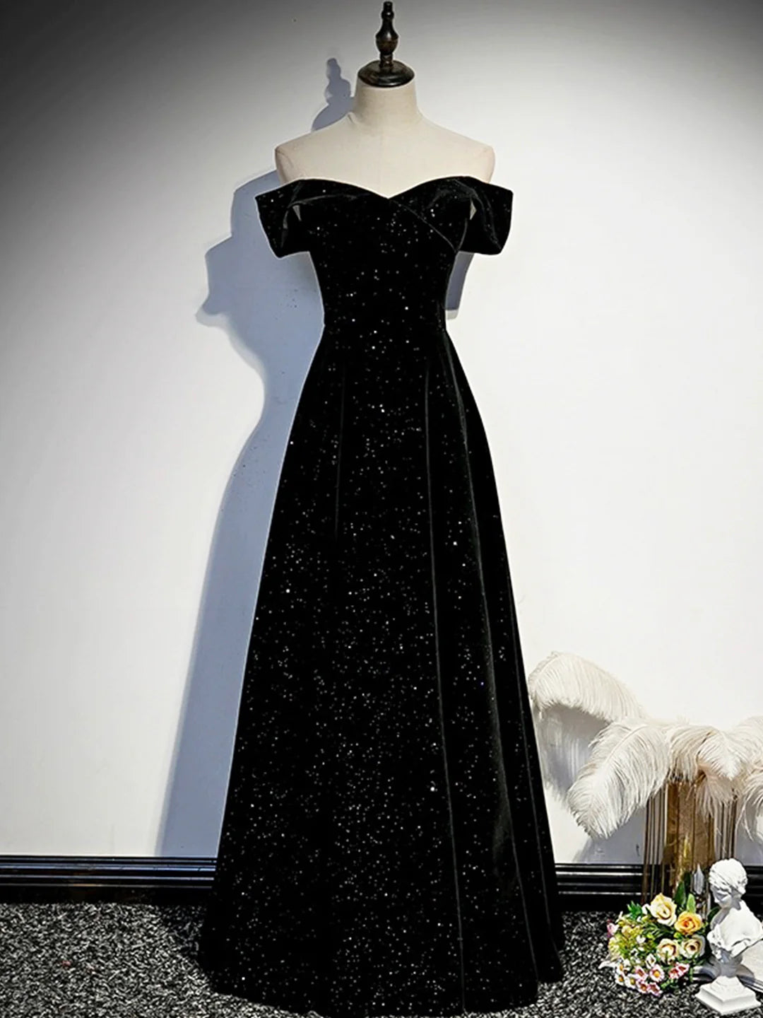 Black Velvet Long Prom Dress Black Off the Shoulder Floor length Evening Party Dress