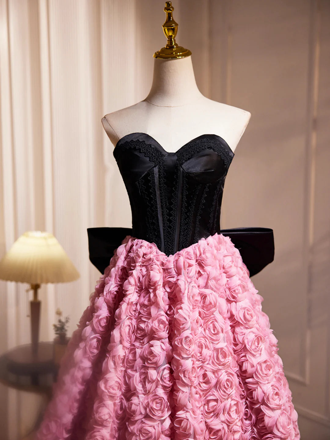Black and Pink Satin Ruffle Flower A-Line Short Prom Dress Lovely Strapless Bow Party Cocktail Dress Homecoming Dresses