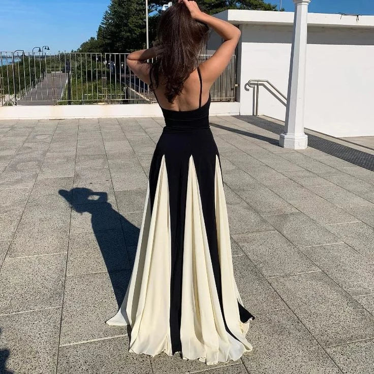 Black and White Spaghetti Straps A-Line Elegant Long Prom Dress Party Dress Cocktail Dress Homecoming Dress Evening Dress