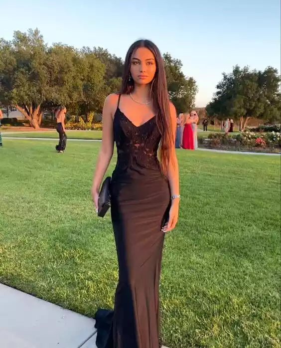 Black lace Sleeveless prom dresses long evening dress