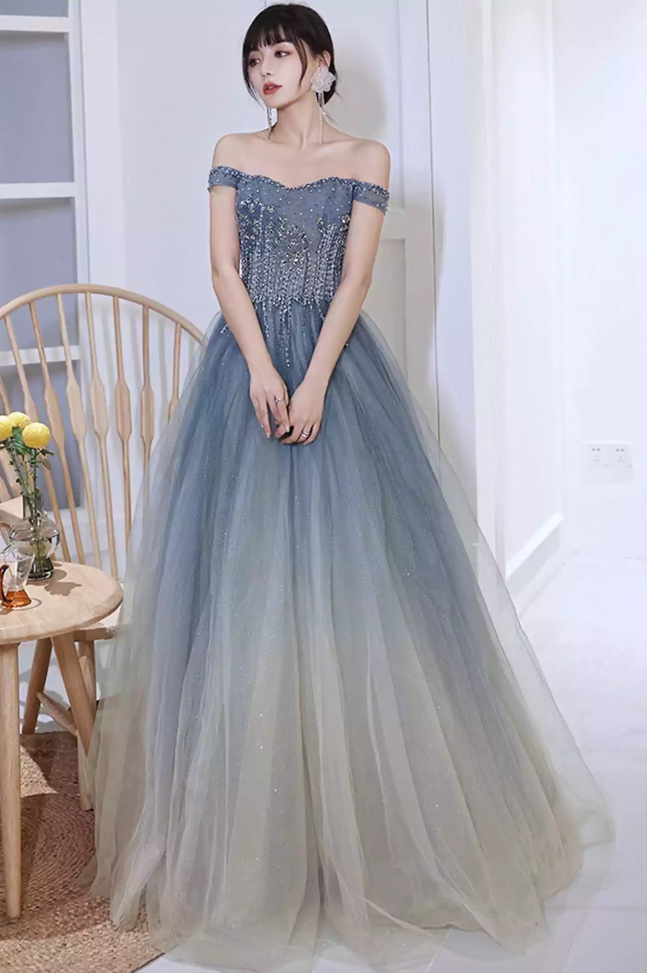 Blue A-Line Blue Gradient Beaded Tulle Long Formal Dress Prom Dress
