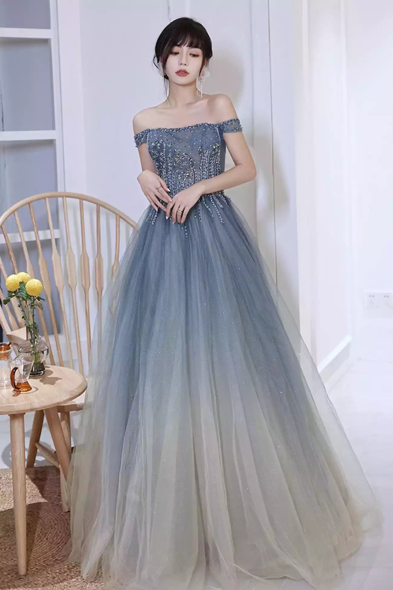 Blue A-Line Blue Gradient Beaded Tulle Long Formal Dress Prom Dress