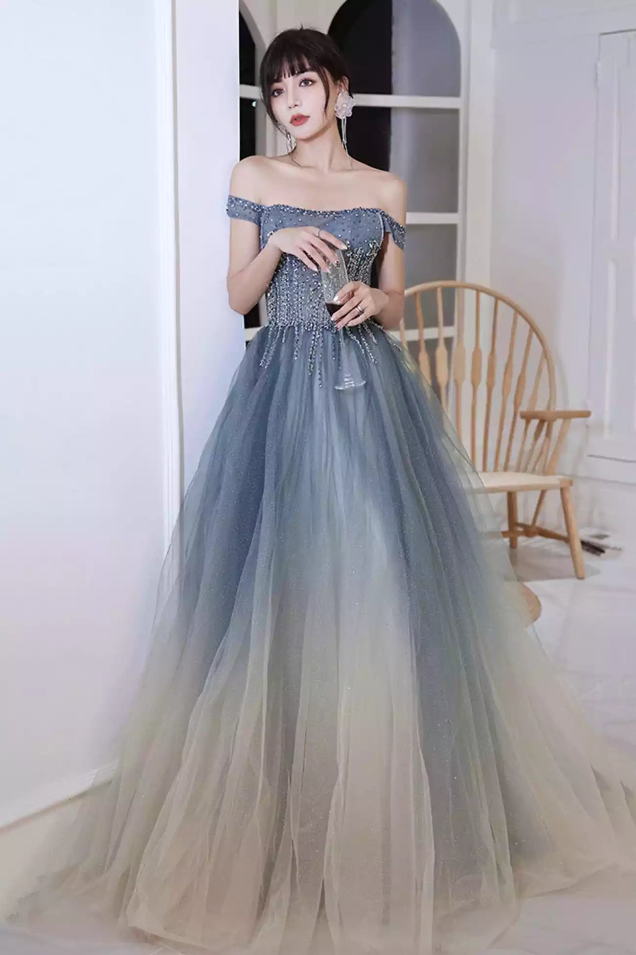 Blue A-Line Blue Gradient Beaded Tulle Long Formal Dress Prom Dress