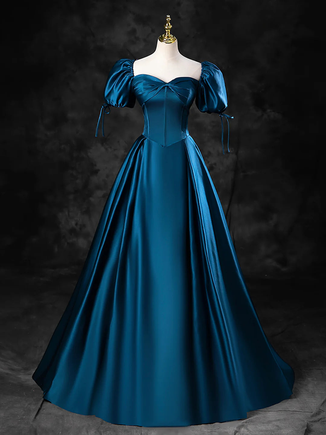 Blue A-Line Blue Satin Off the Shoulder Floor Length Prom Dress Party Dress