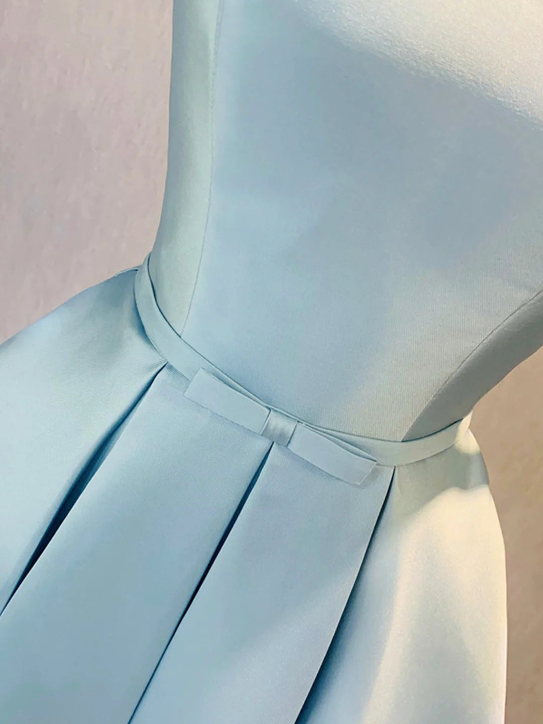 Blue A-Line Off the Shoulder Simple Short Light Blue Satin Party Dress Evening Dress