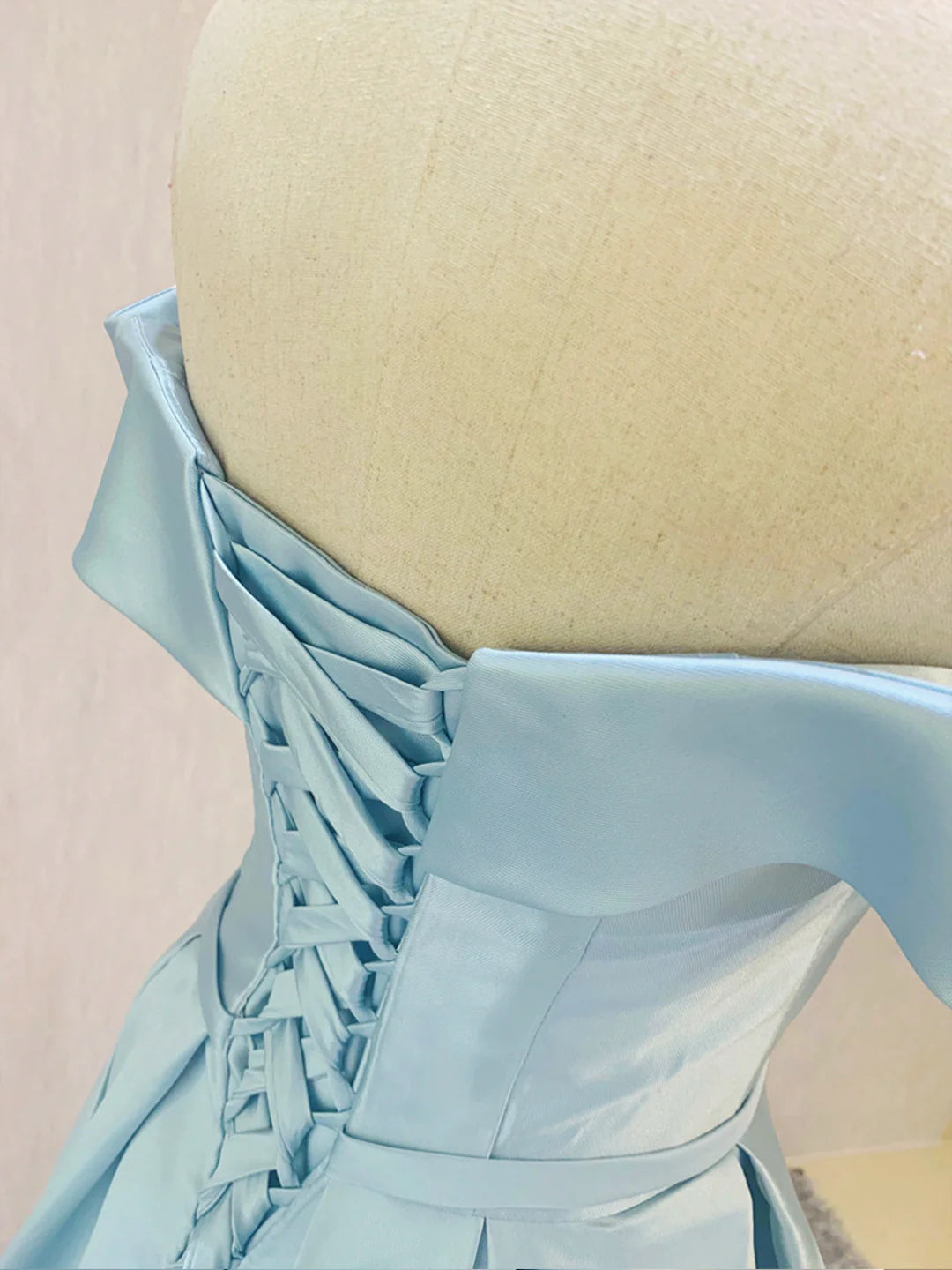 Blue A-Line Off the Shoulder Simple Short Light Blue Satin Party Dress Evening Dress